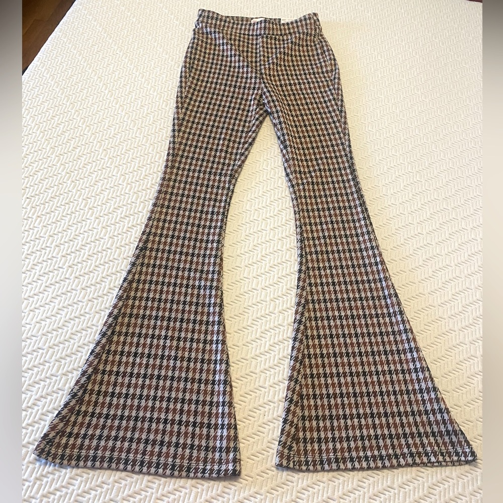 Womens High Rise Brown Houndstooth Flare Leggings XS